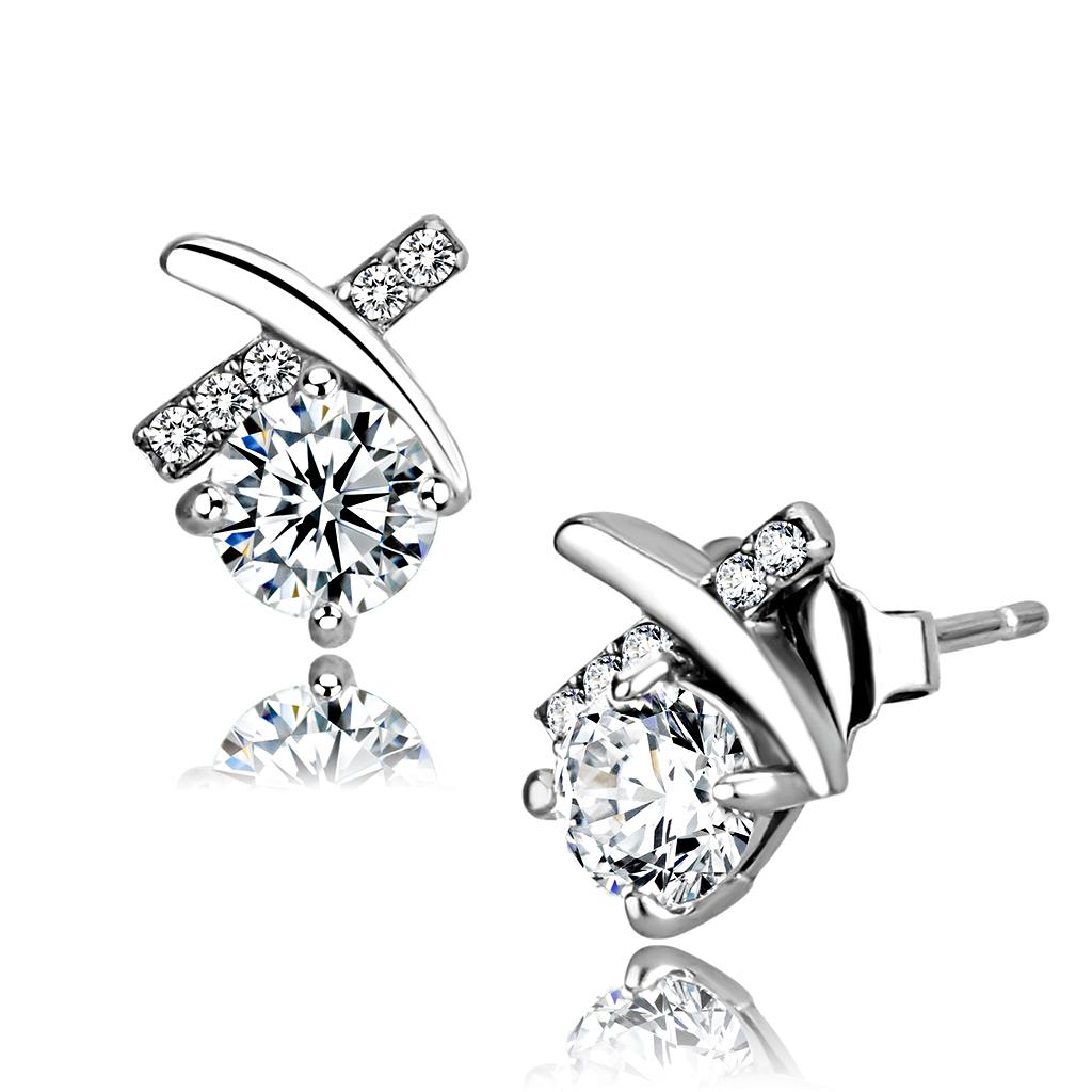 DA205 - High polished (no plating) Stainless Steel Earrings with AAA Grade CZ in Clear