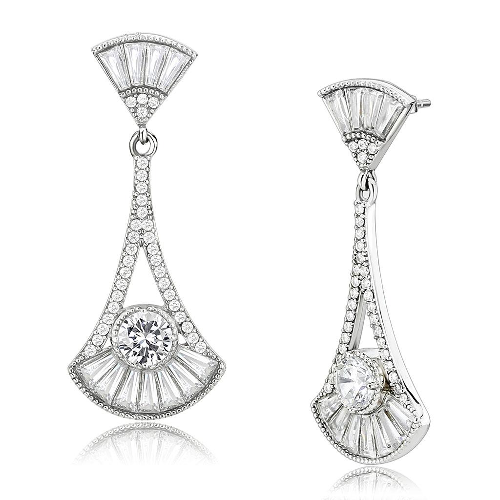 DA373 - High polished (no plating) Stainless Steel Earrings with AAA Grade CZ in Clear