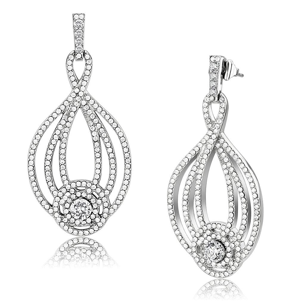DA374 - High polished (no plating) Stainless Steel Earrings with AAA Grade CZ in Clear