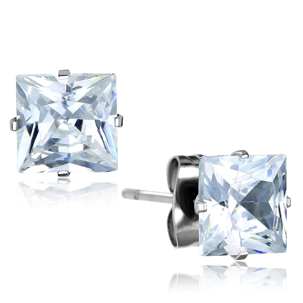 LO3315 - High polished (no plating) Stainless Steel Earrings with AAA Grade CZ in Clear