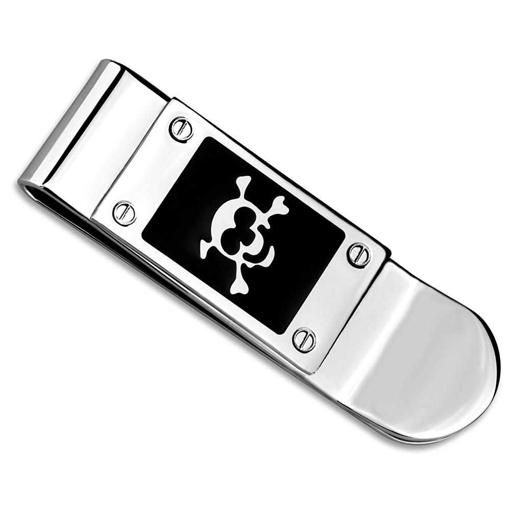 LO4131 - Rhodium Brass Money clip with Epoxy in Jet
