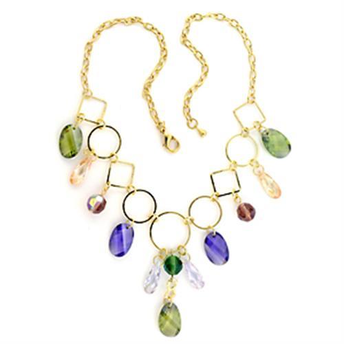 LO720 - Gold Brass Necklace with AAA Grade CZ in Multi Color