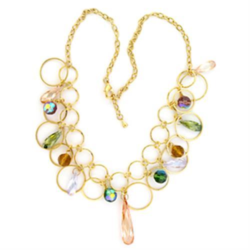 LO724 - Gold Brass Necklace with AAA Grade CZ in Multi Color