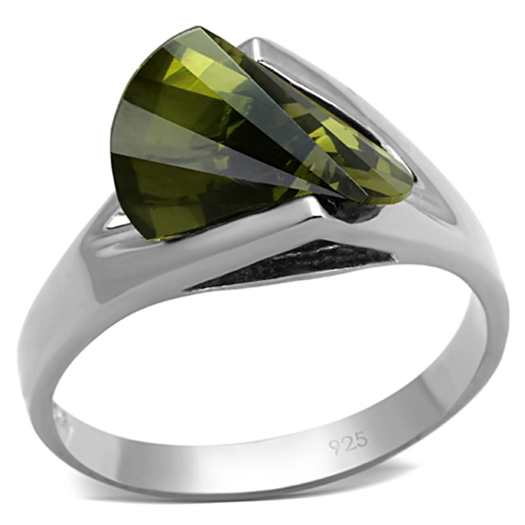 LOS654 - Rhodium 925 Sterling Silver Ring with AAA Grade CZ in Olivine color
