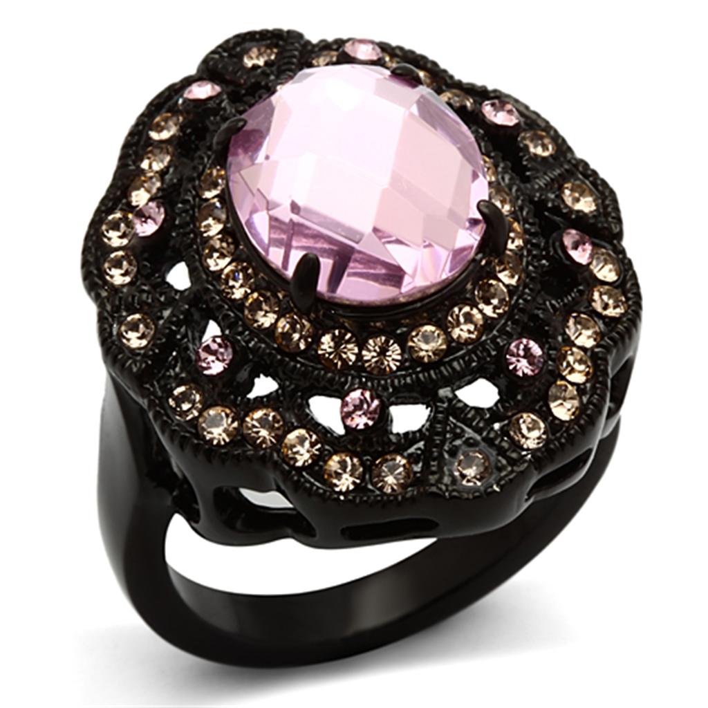 TK1154 - IP Black(Ion Plating) Stainless Steel Ring with Top Grade Crystal in Light Rose