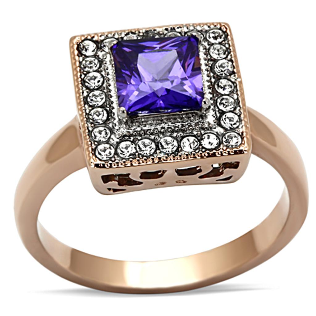 TK1162 - Two-Tone IP Rose Gold Stainless Steel Ring with AAA Grade CZ in Tanzanite
