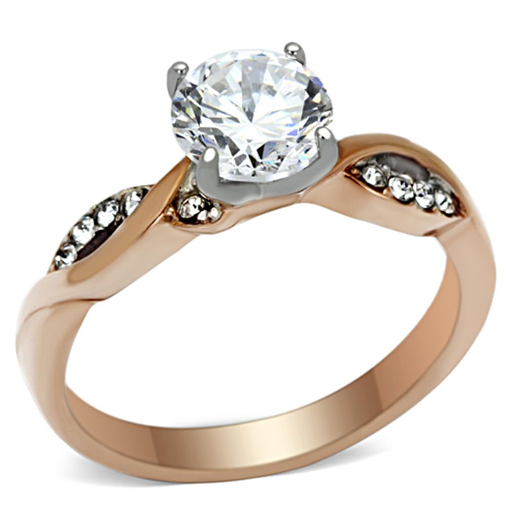 TK1163 - Two-Tone IP Rose Gold Stainless Steel Ring with AAA Grade CZ in Clear