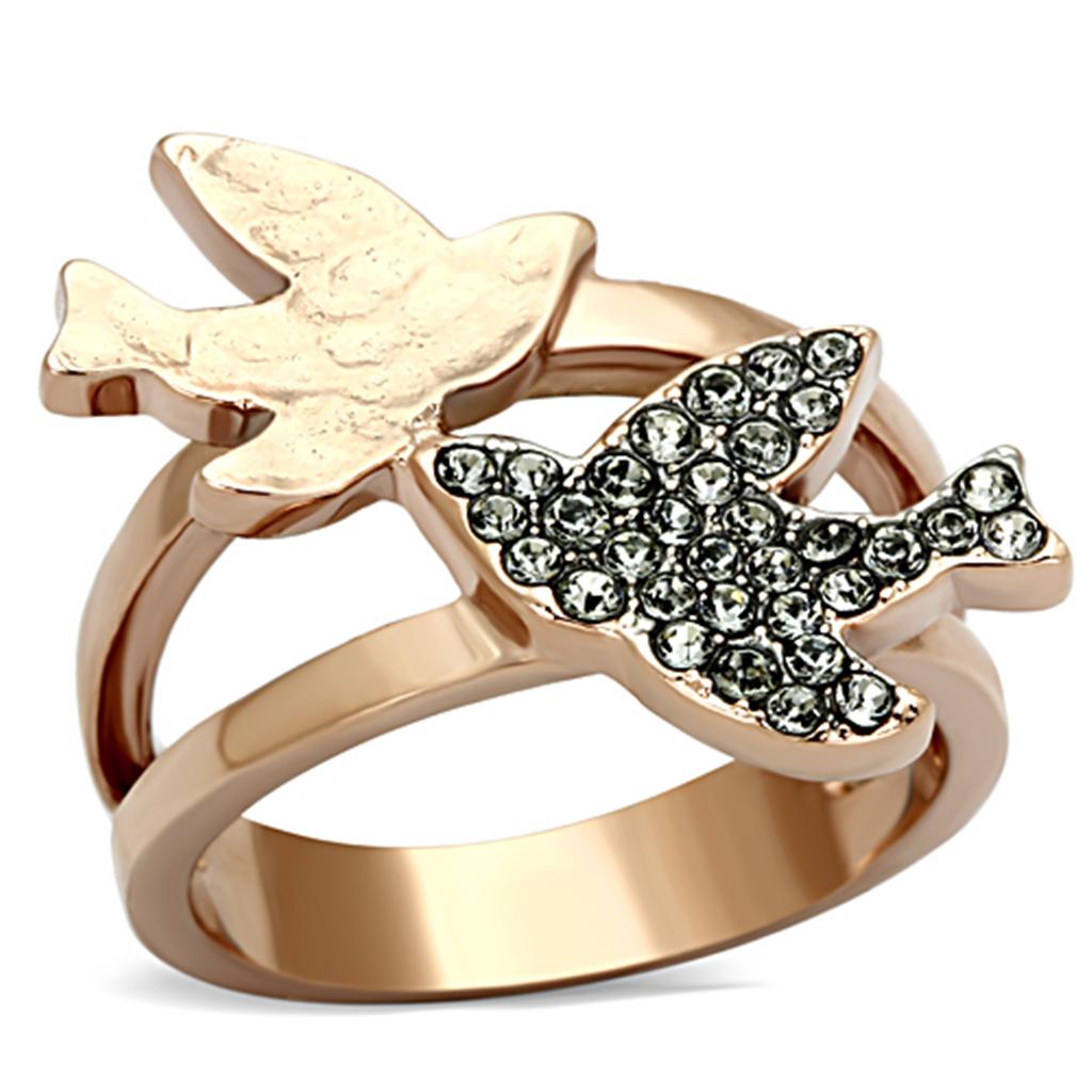 TK1165 - Two-Tone IP Rose Gold Stainless Steel Ring with Top Grade Crystal in Black Diamond