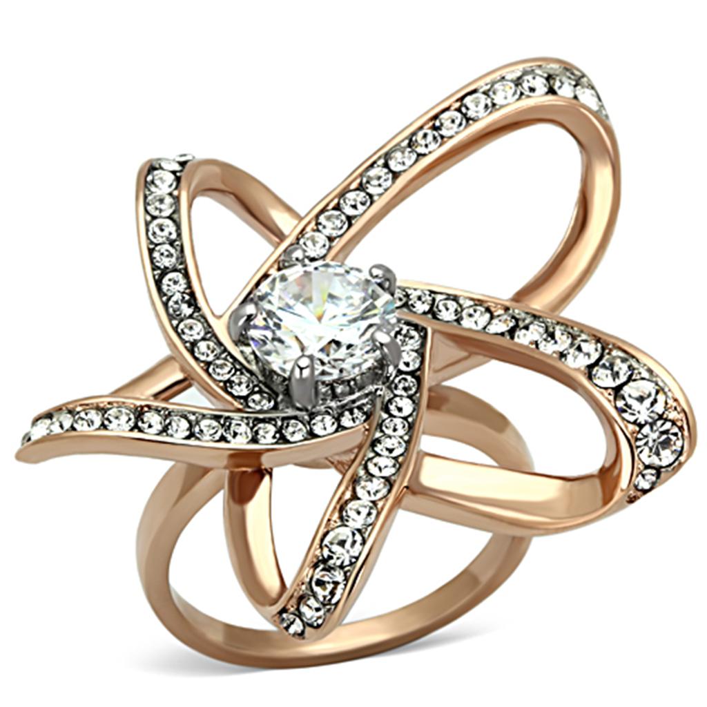TK1170 - Two-Tone IP Rose Gold Stainless Steel Ring with AAA Grade CZ in Clear