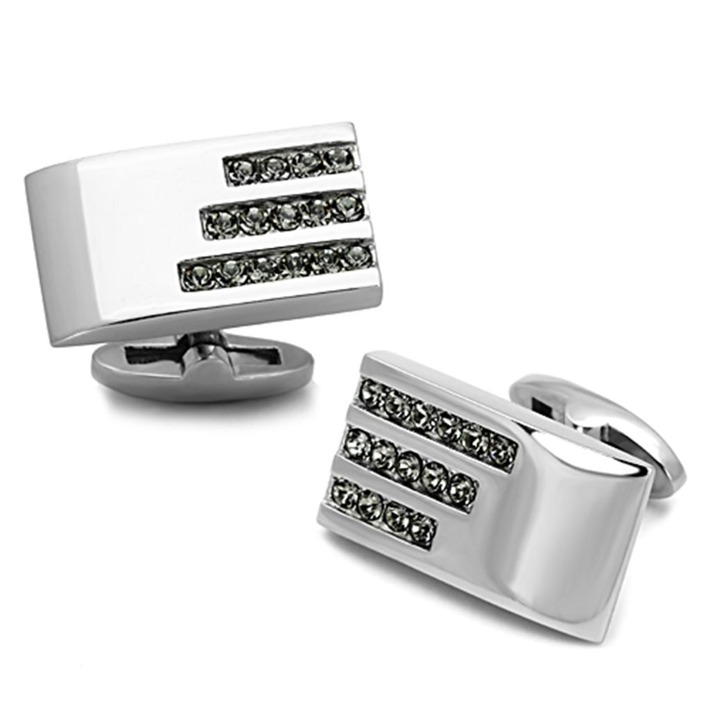 TK1241 - High polished (no plating) Stainless Steel Cufflink with Top Grade Crystal in Black Diamond