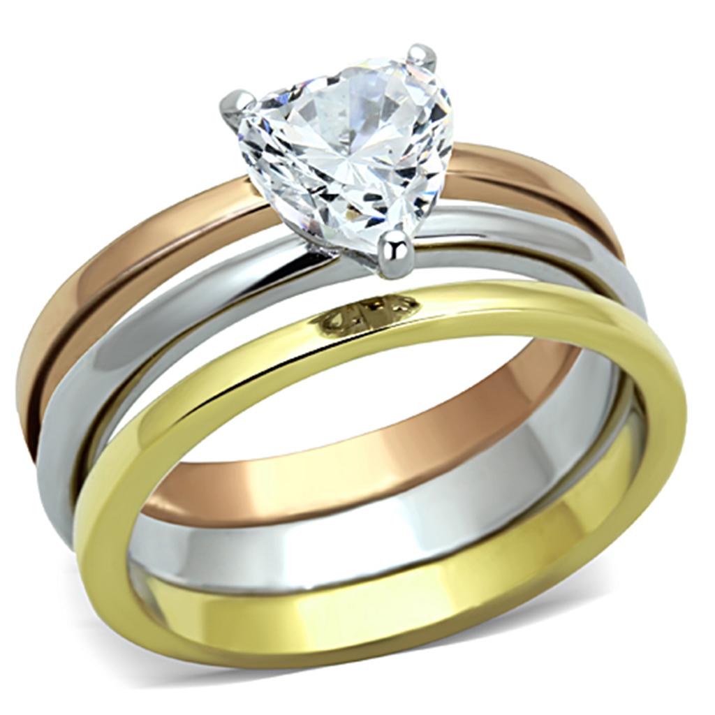 TK1274 - Three Tone IP(IP Gold & IP Rose Gold & High Polished) Stainless Steel Ring with AAA Grade CZ in Clear