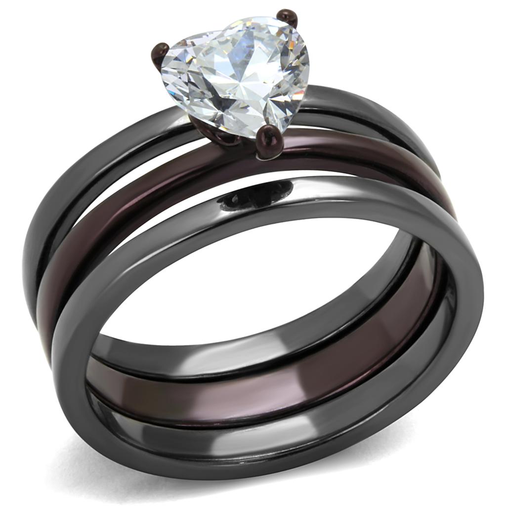 TK1274DC - IP Light Black (IP Gun) & IP Dark Brown (IP coffee) Stainless Steel Ring with AAA Grade CZ in Clear