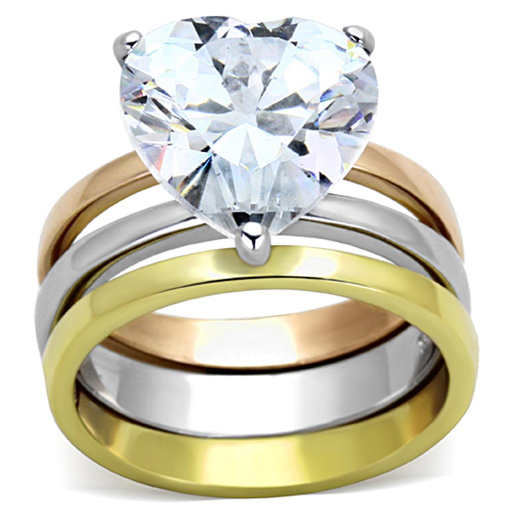 TK1275 - Three Tone IP(IP Gold & IP Rose Gold & High Polished) Stainless Steel Ring with AAA Grade CZ in Clear