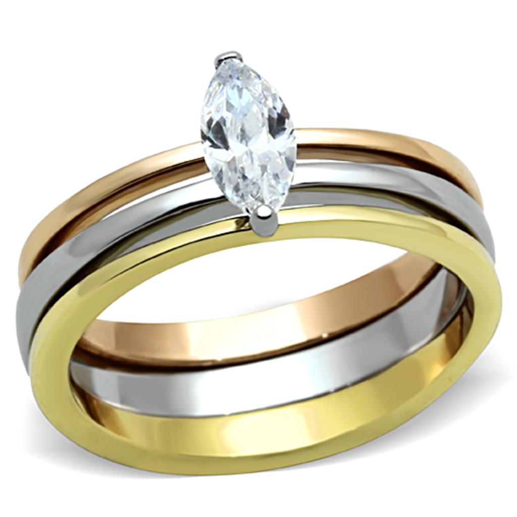 TK1276 - Three Tone IP(IP Gold & IP Rose Gold & High Polished) Stainless Steel Ring with AAA Grade CZ in Clear