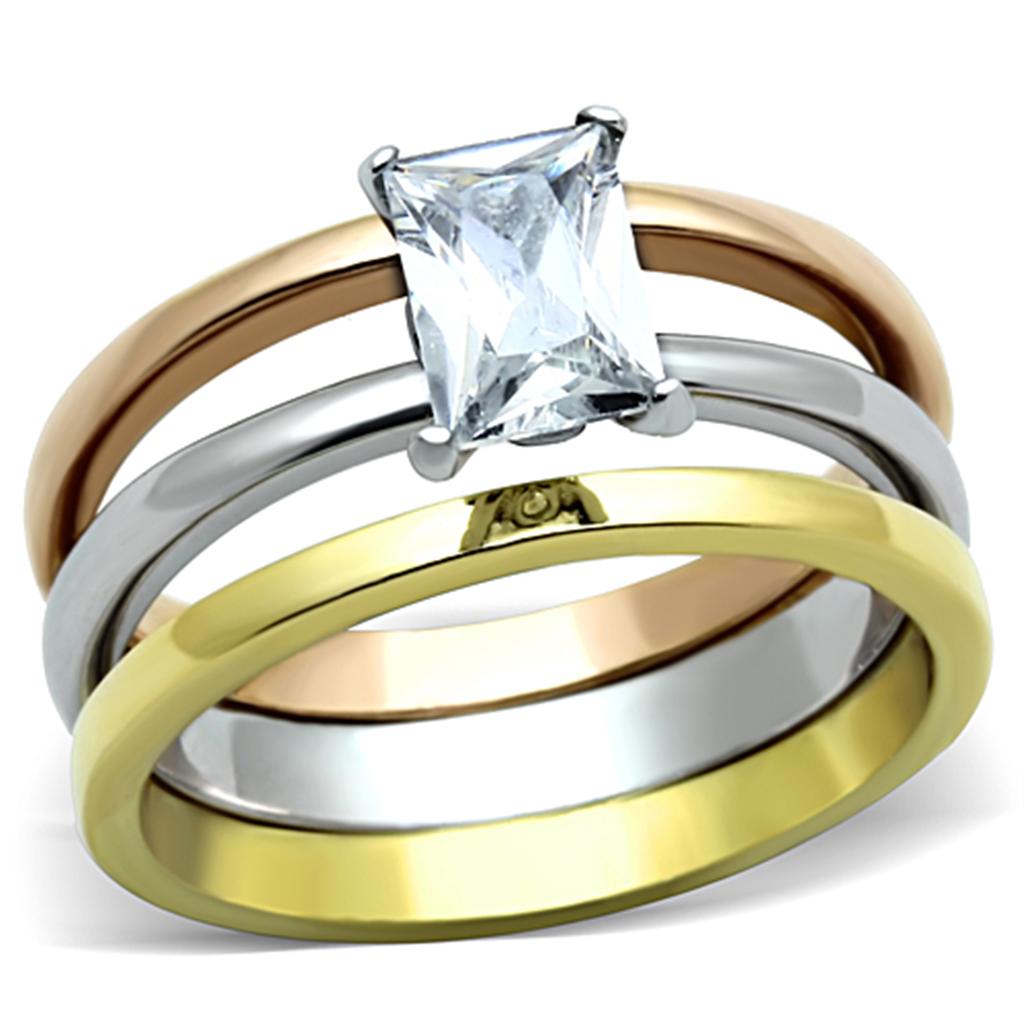 TK1279 - Three Tone IP(IP Gold & IP Rose Gold & High Polished) Stainless Steel Ring with AAA Grade CZ in Clear