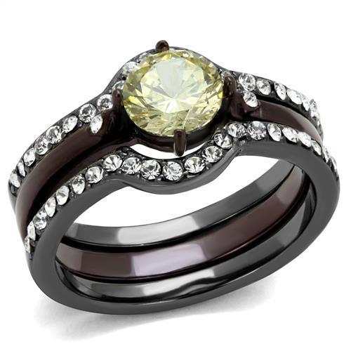 TK1346DC - IP Light Black (IP Gun) & IP Dark Brown (IP coffee) Stainless Steel Ring with AAA Grade CZ in Citrine Yellow