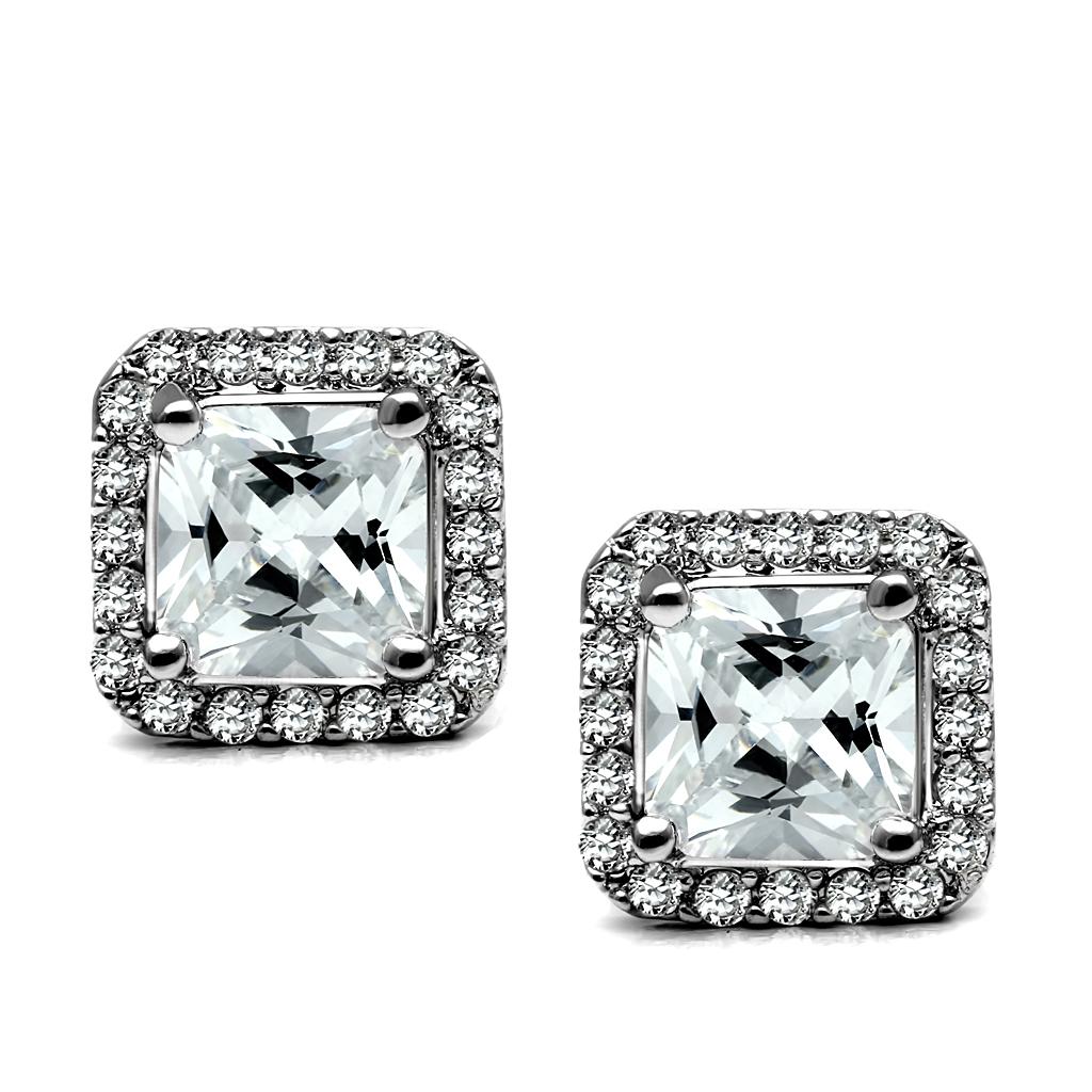 TK2881 - High polished (no plating) Stainless Steel Earrings with AAA Grade CZ in Clear