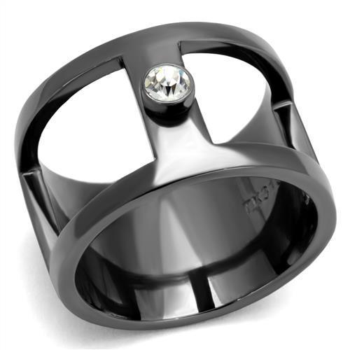 TK2898 - IP Light Black (IP Gun) Stainless Steel Ring with Top Grade Crystal in Clear