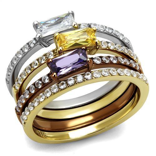 TK2960 - Three Tone IP(IP Gold & IP Light coffee & High Polished) Stainless Steel Ring with AAA Grade CZ in Multi Color