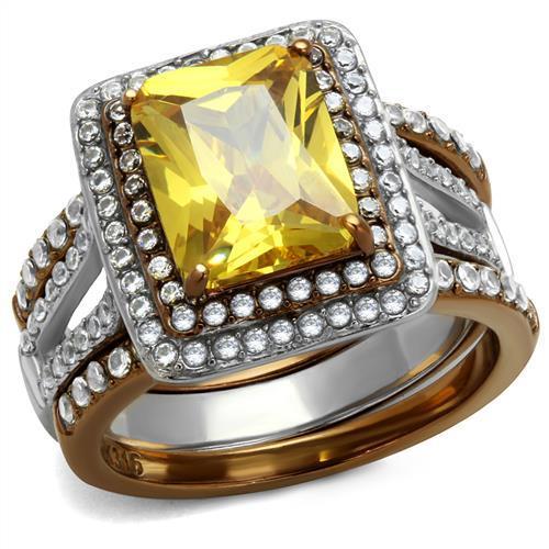 TK2962 - Two Tone IP Light Brown (IP Light coffee) Stainless Steel Ring with AAA Grade CZ in Topaz