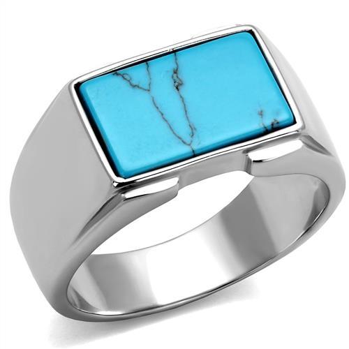 TK3000 - High polished (no plating) Stainless Steel Ring with Synthetic Imitation Amber in Sea Blue