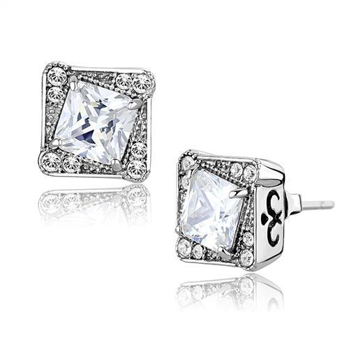 TK3104 - High polished (no plating) Stainless Steel Earrings with AAA Grade CZ in Clear