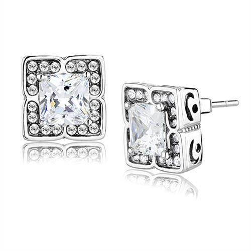 TK3157 - High polished (no plating) Stainless Steel Earrings with AAA Grade CZ in Clear