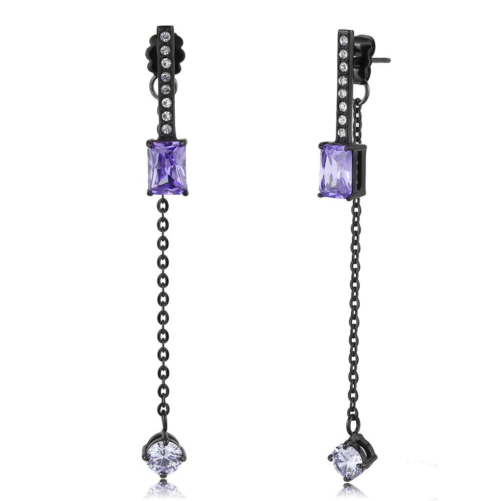 TK3472 - IP Black(Ion Plating) Stainless Steel Earrings with AAA Grade CZ in Tanzanite