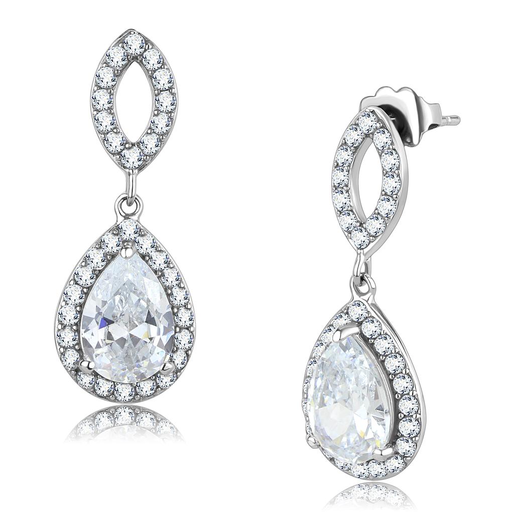 TK3474 - High polished (no plating) Stainless Steel Earrings with AAA Grade CZ in Clear