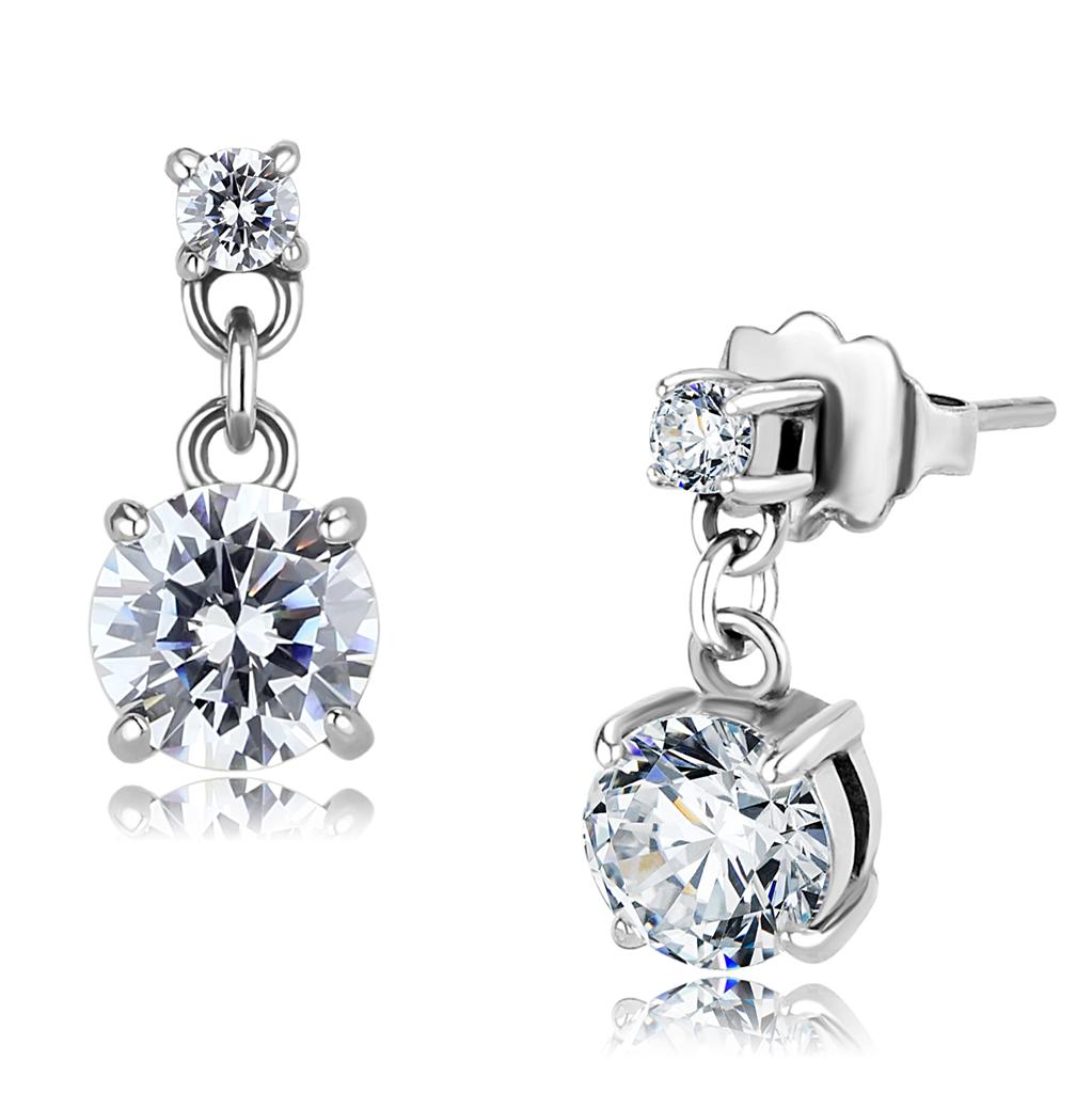 TK3476 - High polished (no plating) Stainless Steel Earrings with AAA Grade CZ in Clear