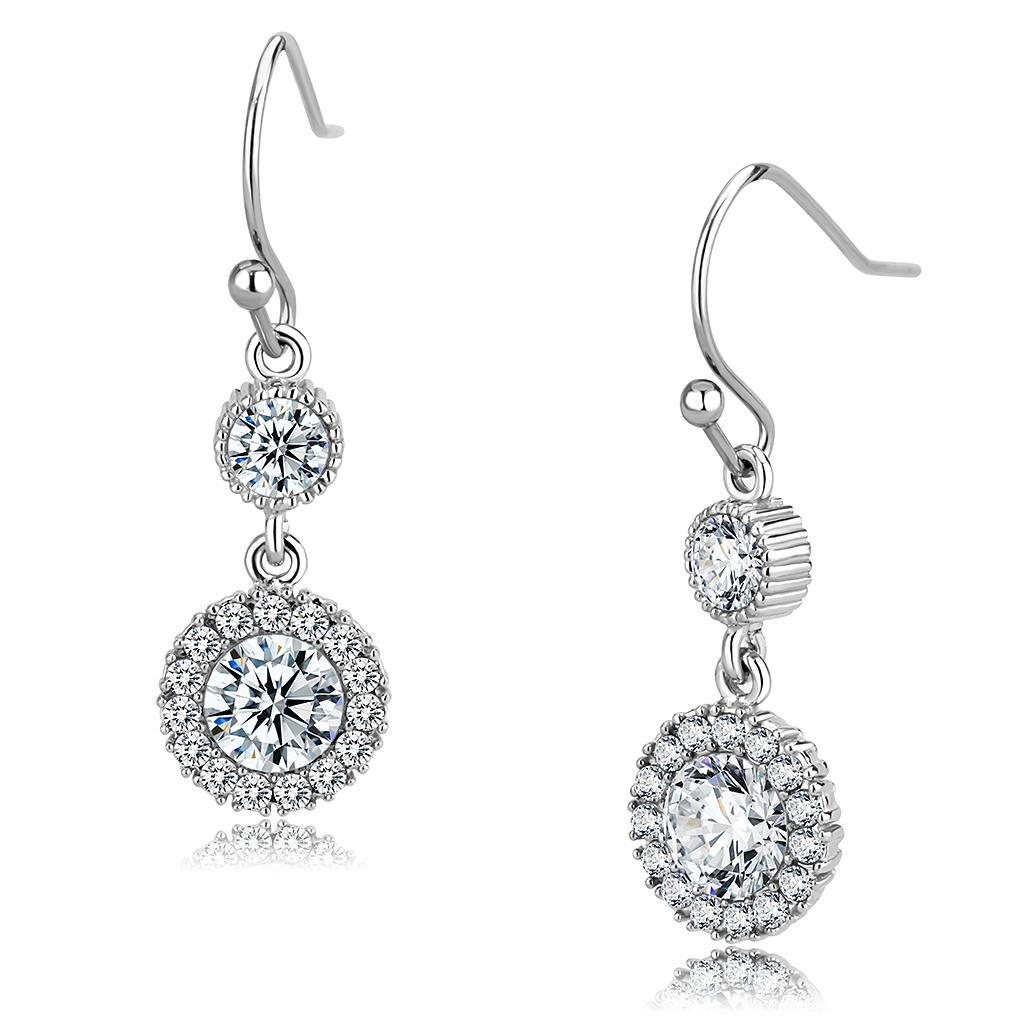 TK3602 - High polished (no plating) Stainless Steel Earrings with AAA Grade CZ in Clear