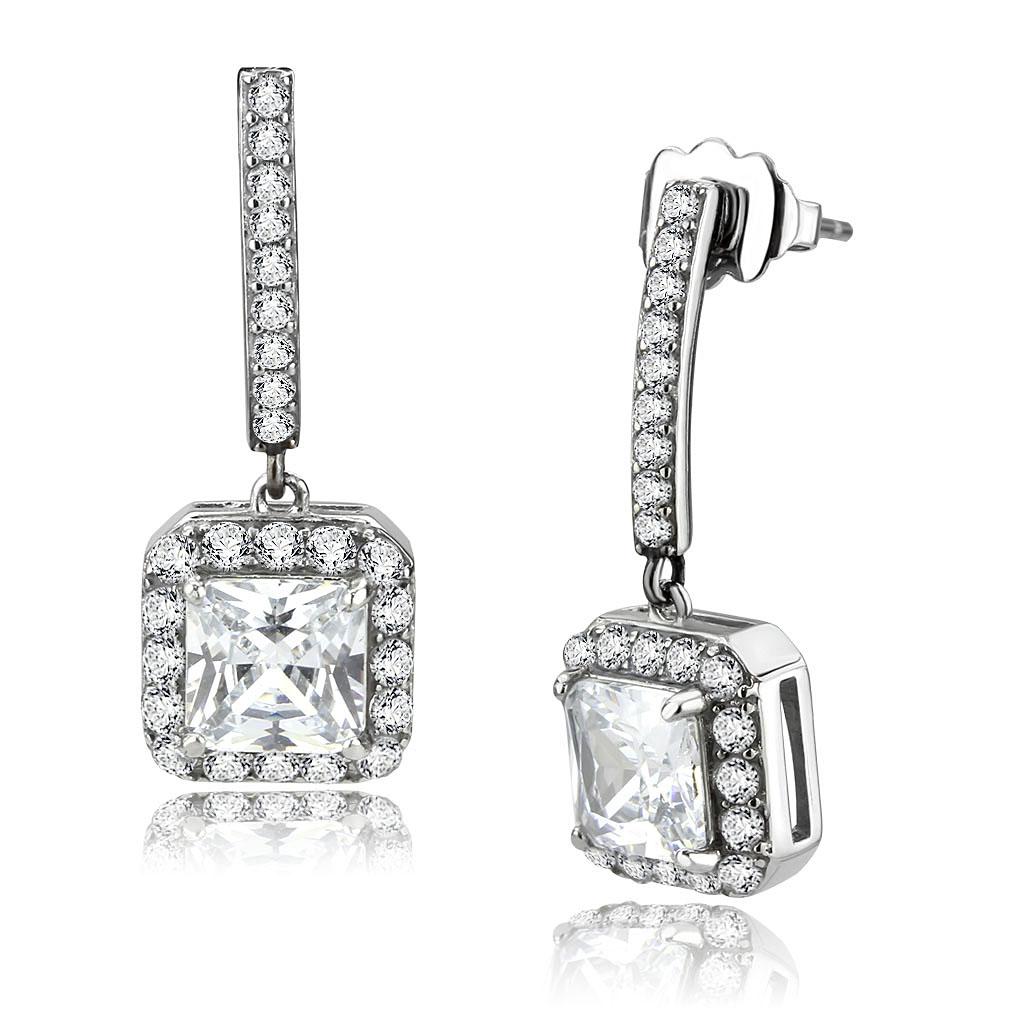TK3651 - High polished (no plating) Stainless Steel Earrings with AAA Grade CZ in Clear