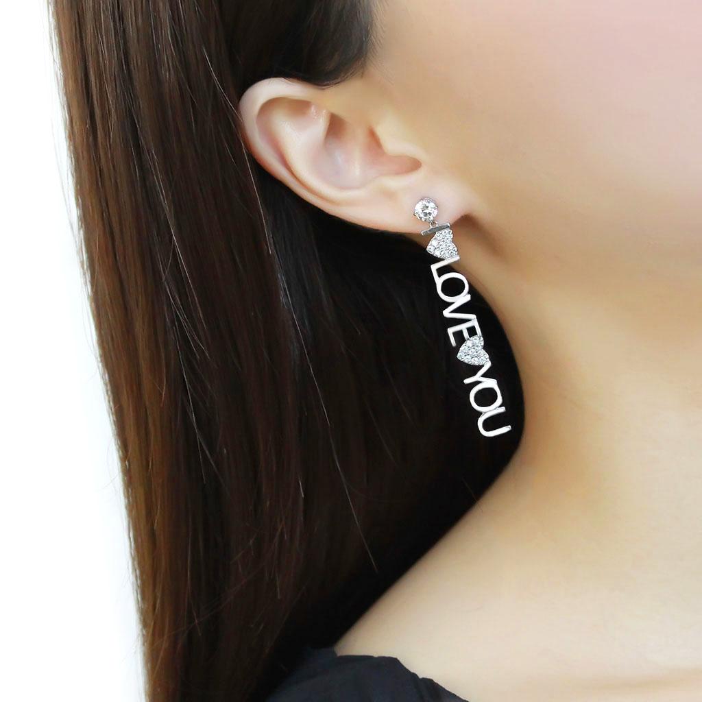 TK3665 - High polished (no plating) Stainless Steel Earrings with AAA Grade CZ in Clear