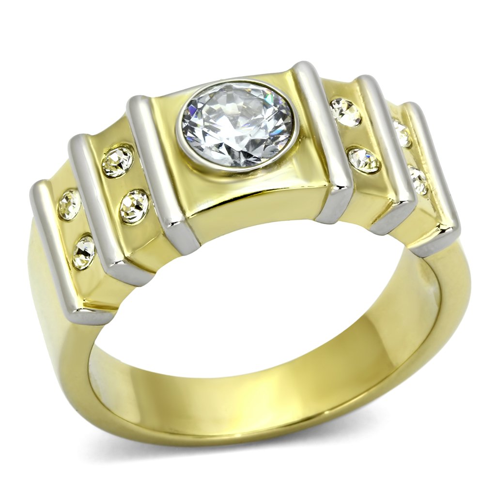 TK797 - Two-Tone IP Gold (Ion Plating) Stainless Steel Ring with AAA Grade CZ in Clear