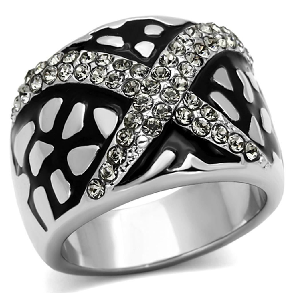 TK921 - High polished (no plating) Stainless Steel Ring with Top Grade Crystal in Black Diamond