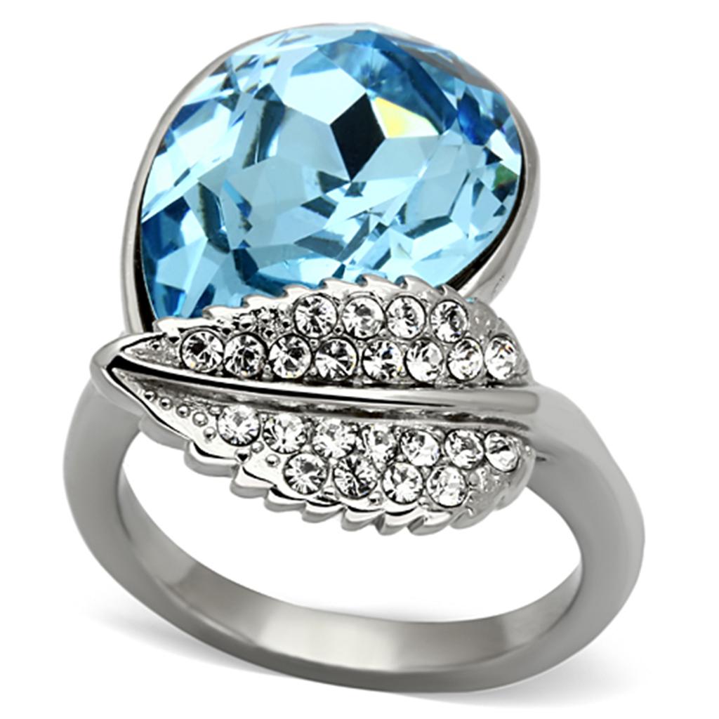 TK930 - High polished (no plating) Stainless Steel Ring with Top Grade Crystal in Sea Blue