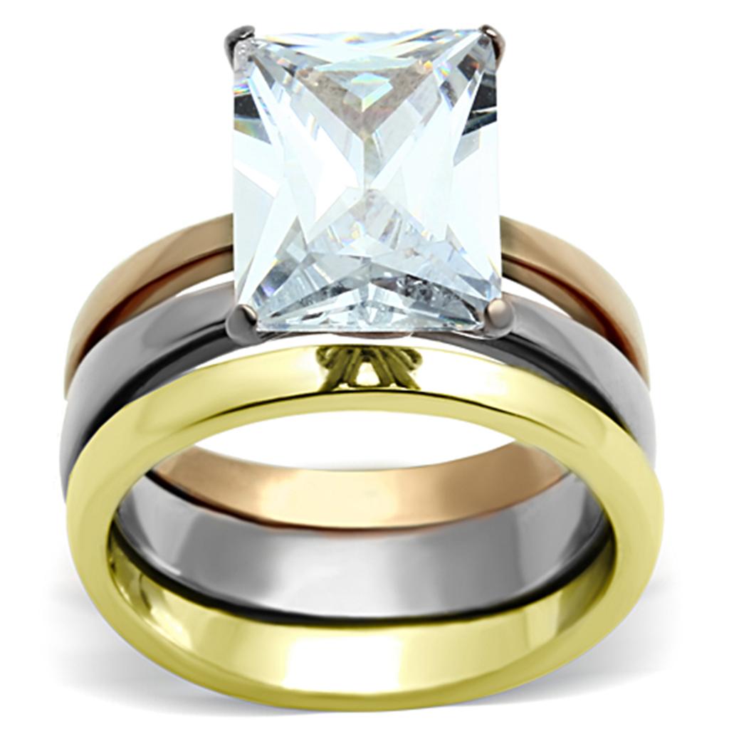 TK962 - Three Tone IP(IP Gold & IP Rose Gold & High Polished) Stainless Steel Ring with AAA Grade CZ in Clear