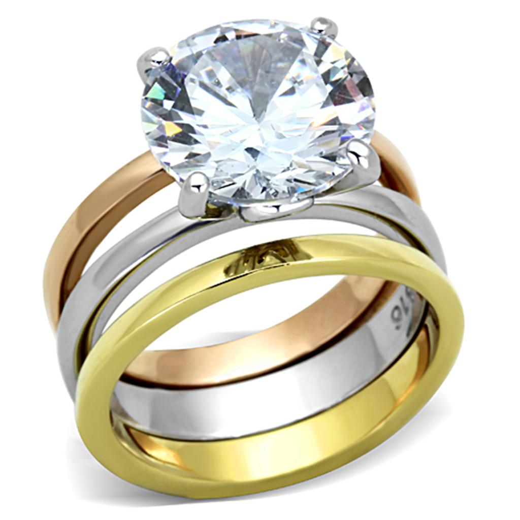 TK963 - Three Tone (IP Gold & IP Rose Gold & High Polished) Stainless Steel Ring with AAA Grade CZ in Clear