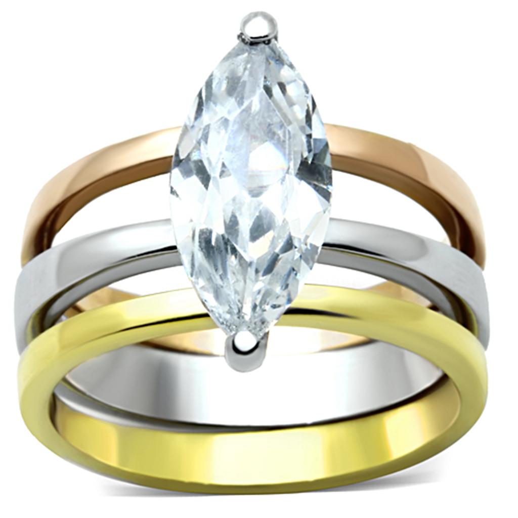 TK964 - Three Tone IP(IP Gold & IP Rose Gold & High Polished) Stainless Steel Ring with AAA Grade CZ in Clear
