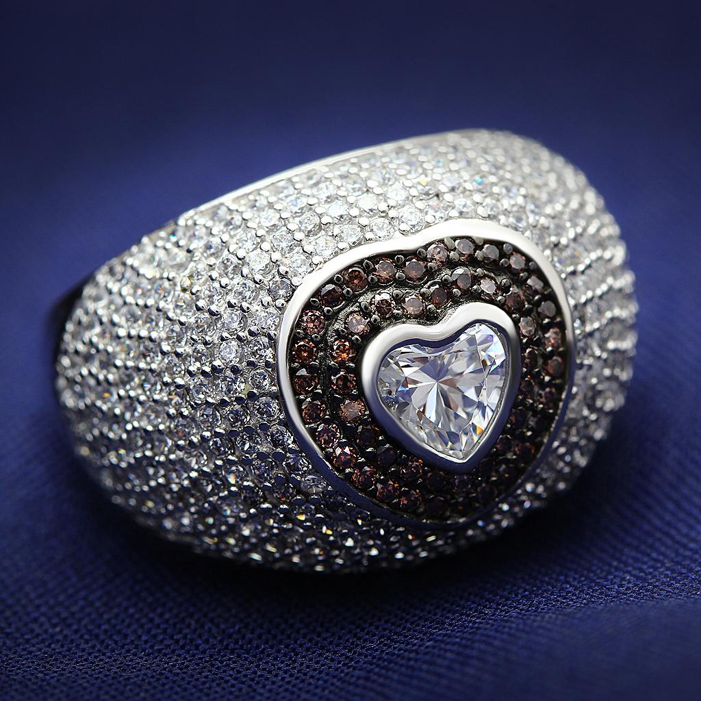 TS022 - Rhodium + Ruthenium 925 Sterling Silver Ring with AAA Grade CZ in Brown
