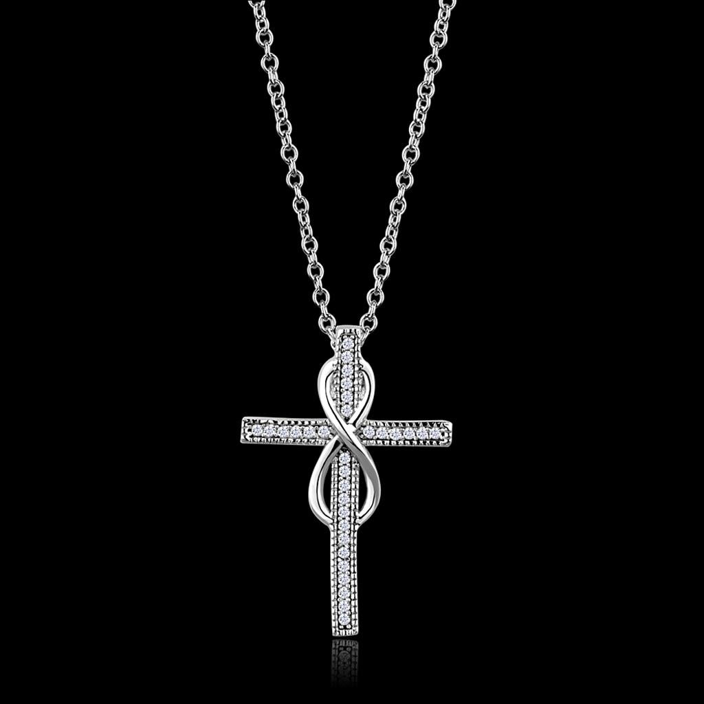 TS301 - Rhodium 925 Sterling Silver Chain Pendant with AAA Grade CZ in Clear