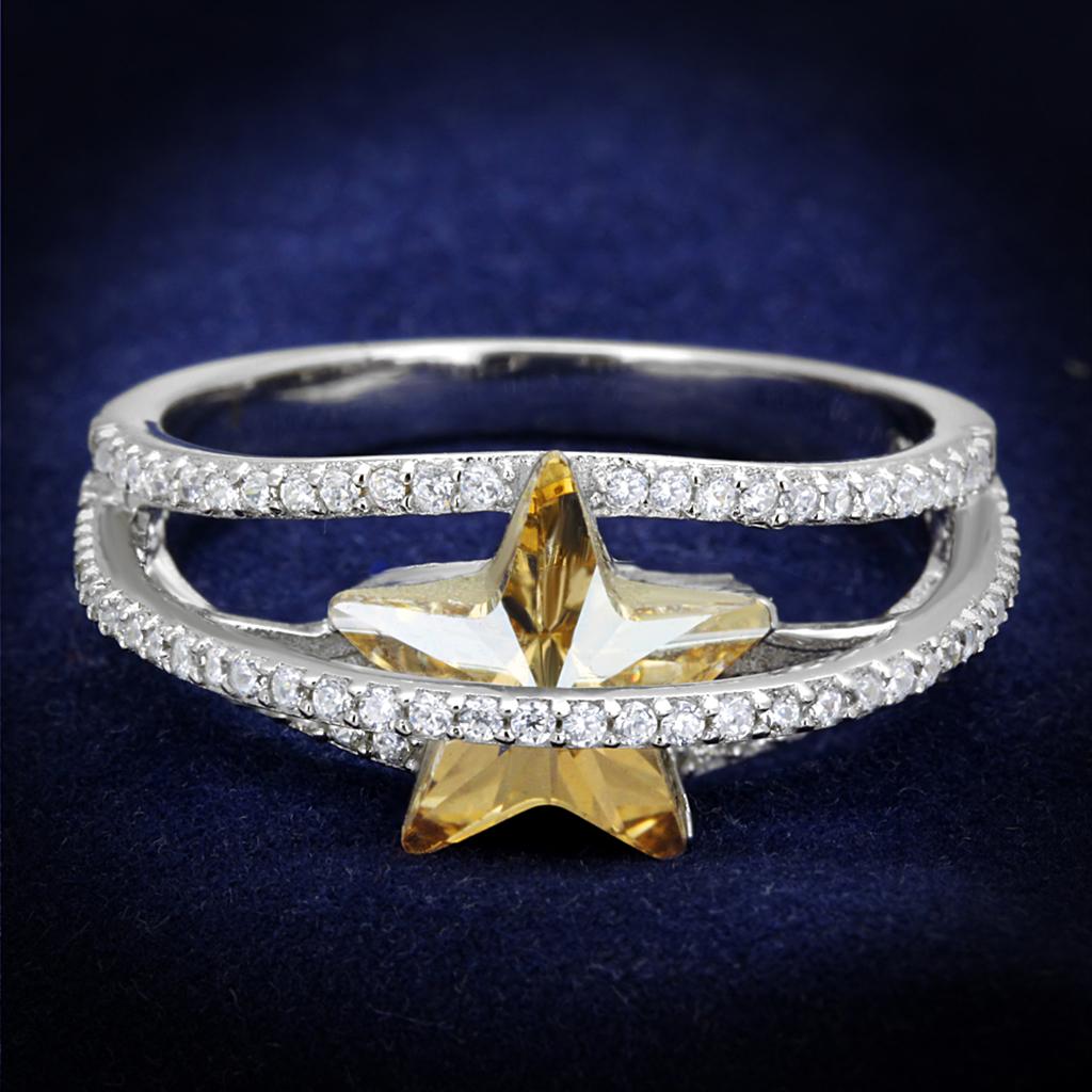 TS315 - Rhodium 925 Sterling Silver Ring with Top Grade Crystal in Citrine Yellow