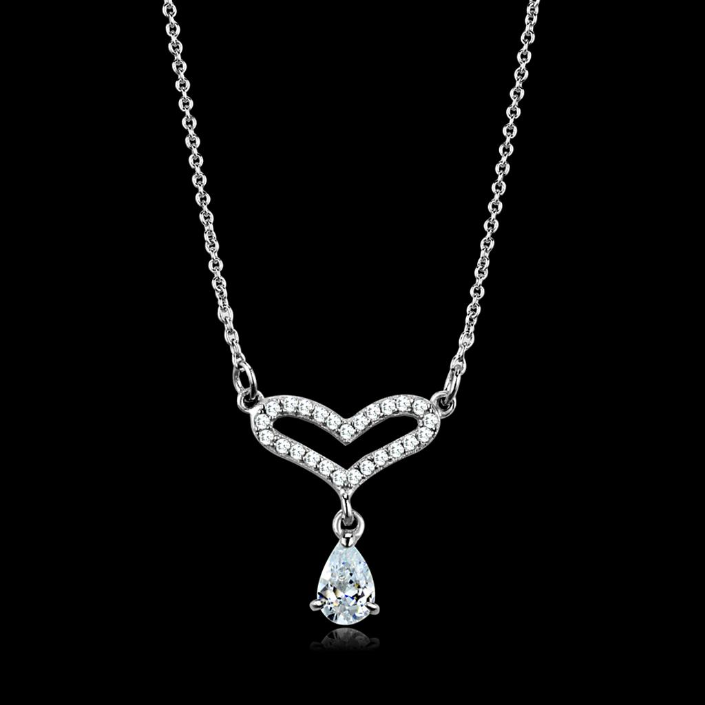 TS484 - Rhodium 925 Sterling Silver Necklace with AAA Grade CZ in Clear