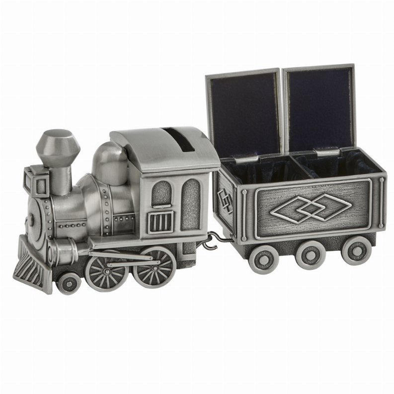 Train Bank with 1St Tooth/Curl Boxes, Pewter Finish 7"