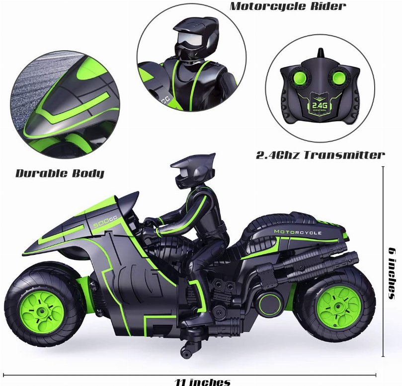 1:10 Scale Stunt MotoRCycle With 2.4 Ghz Remote Rechargeable Batteries - Green