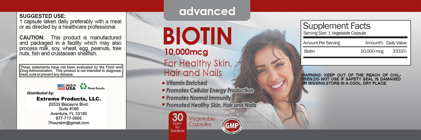 Biotin 10,000mcg for skin, hair and nails (30 veggie capsules)