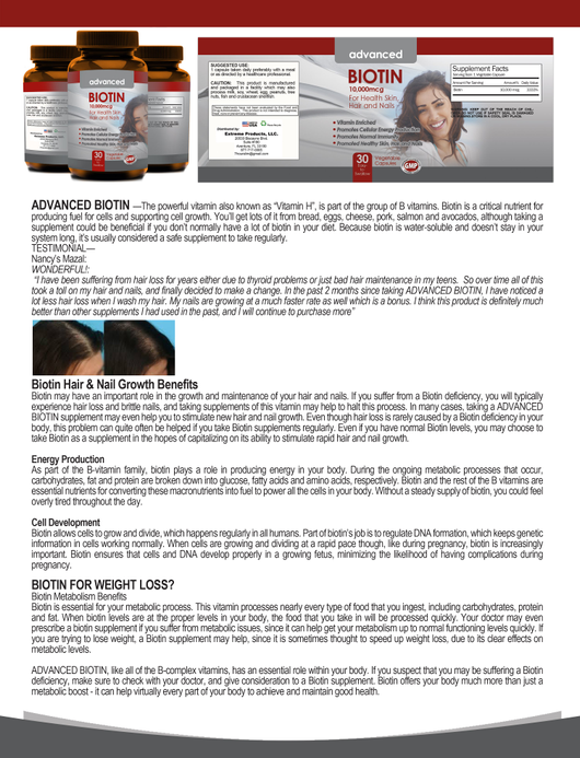 Biotin 10,000mcg for skin, hair and nails (30 veggie capsules)