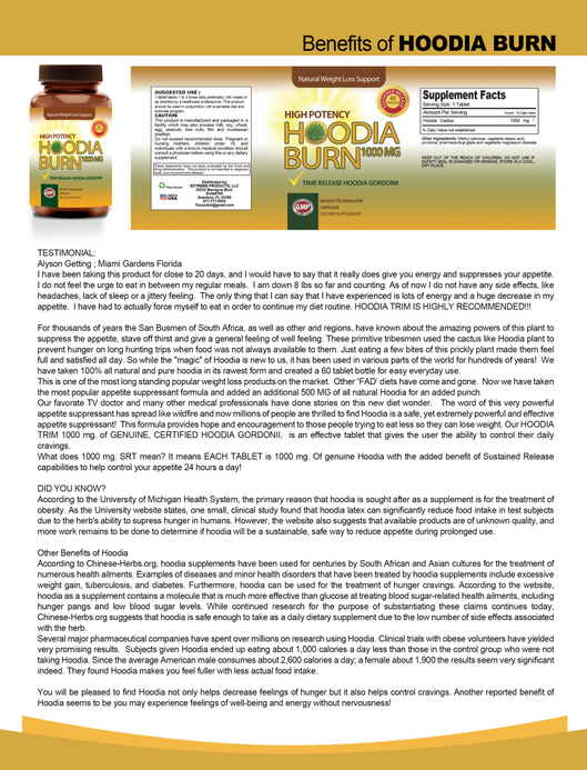 High Potency Hoodia Burn 1000mg (60 Tablets)