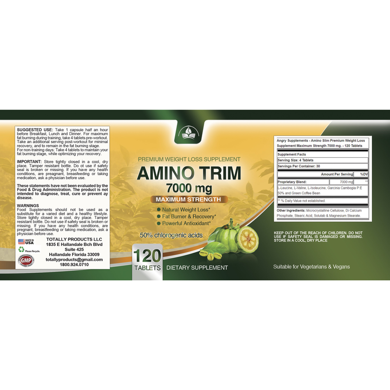 Amino Trim 3-in-1 Fat Burner Garcinia Cambogia, BCAA, Green Coffee Bean Extract (120 Tablets)