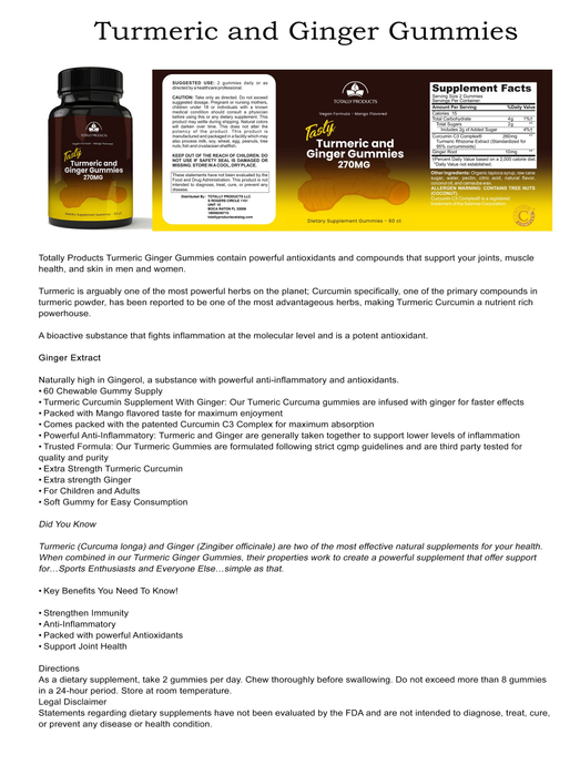 Totally Products Adult Turmeric & Ginger Gummies with C3 Complex (60 count)